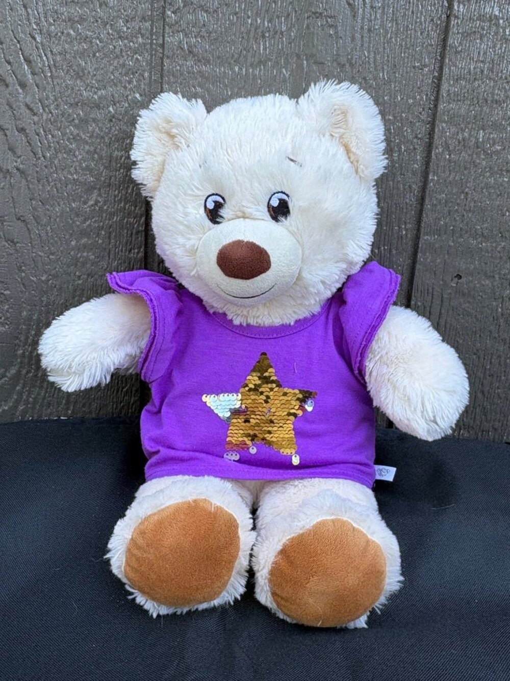 Build-A-Bear Plush Teddy Purple Sequin Star Shirt Soft Beige 15" Stuffed Animal
